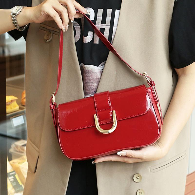 Женская сумка через плечо из лакированной кожи в стиле ретро, ​​роскошная сумка через плечо с клапаном, однотонная сумка подмышками, красная сумка через плечо, женская сумка