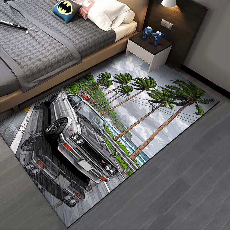 Retro Car and Palm Tree Design Carpet for Living Room Decor, Gray Suitable for use as an anti-slip for living room bedroom sofas