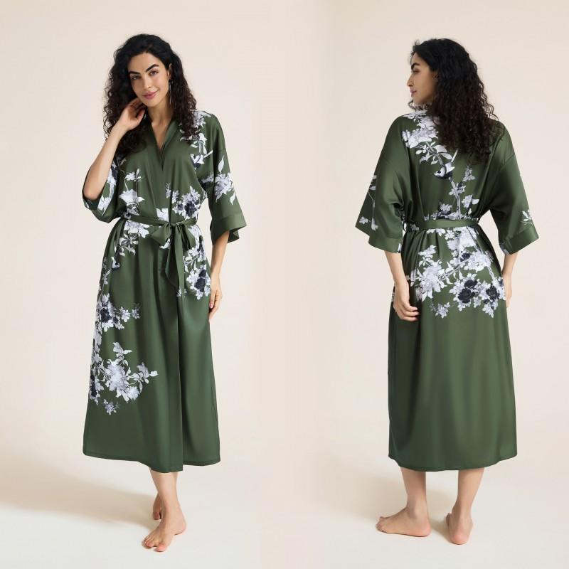 Satin Printed Robe Women Plus Size Lightweight Long Sleepwear Home