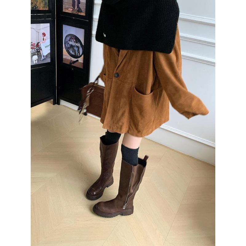 Вымытая лошадиная кожа~ кожаные высокие сапоги длинные сапоги женские осенне-зимние полные мм толстые ноги на высокой толстой подошве черные сапоги рыцаря