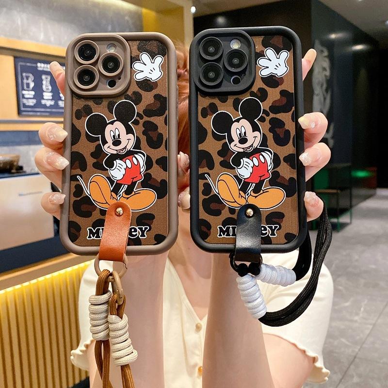 Осенние и зимние новые модели подходят для чехла на телефон iPhone15 16Pro мультяшный забавный Apple 14 леопардовый принт Микки ручной ремешок мягкий
