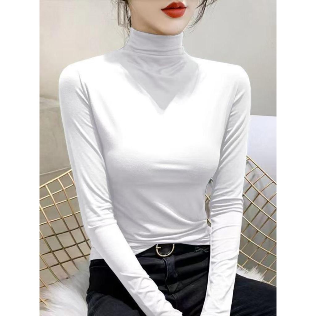 Women's Slim Fit Long Sleeve T-shirt, Double Plush, Mid-High Neck, Thickened for Autumn/Winter Warmth