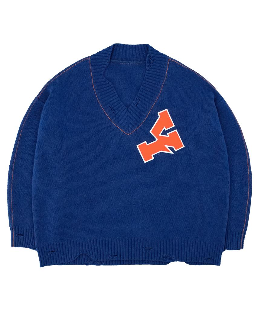 OHY Oversized Distressed Logo V-Neck Knit - Cobalt Blue