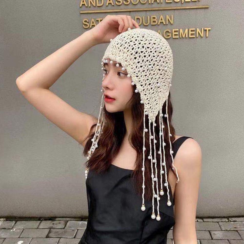 Pearl Bun Hats Ethnic Headscarf Hats Cute Tassels Hats Outdoor