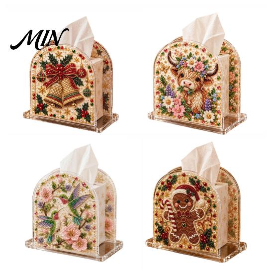 Square Tissue Box Case DIY Christmas Faux Pearl Art Painting Holder, 3D Rhinestone Beads Creative Resin Gem Holder for Winter Xmas Holiday Tabletop