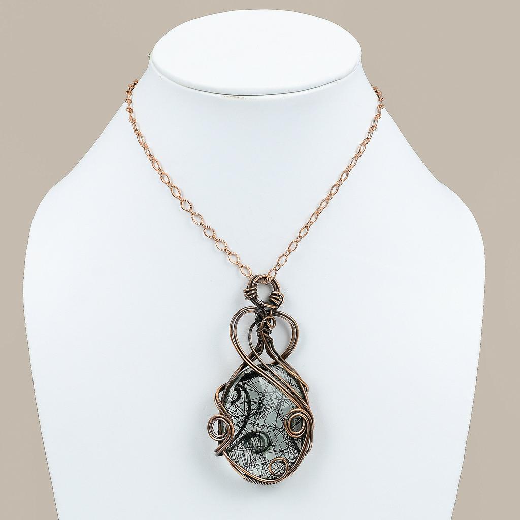 Natural Black Rutile Gemstone Handmade Copper Wire Wrap Pendant 3.39 T7q46