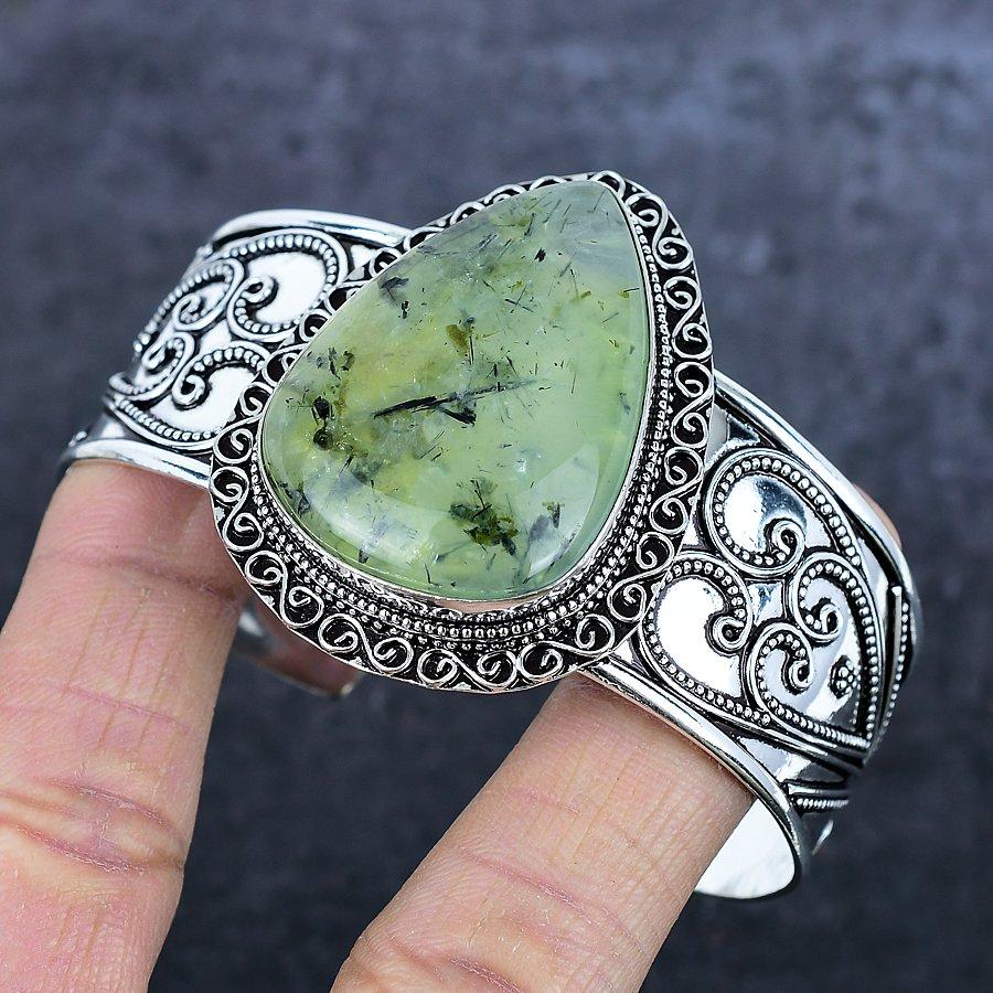 Мосс Пренит Драгоценный камень Ручная работа 925 Стерлинговое серебро Манжета Браслет Регулируемый Y7T19