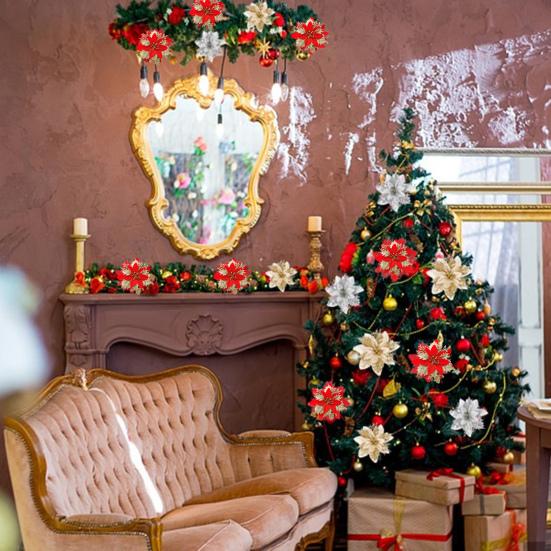 12/24 шт., рождественские искусственные цветы, блестящие листья, красные, золотые, серебряные, многослойные, рождественская елка, венок, украшение, искусственный цветок, реквизит для фотосессии для вечеринки