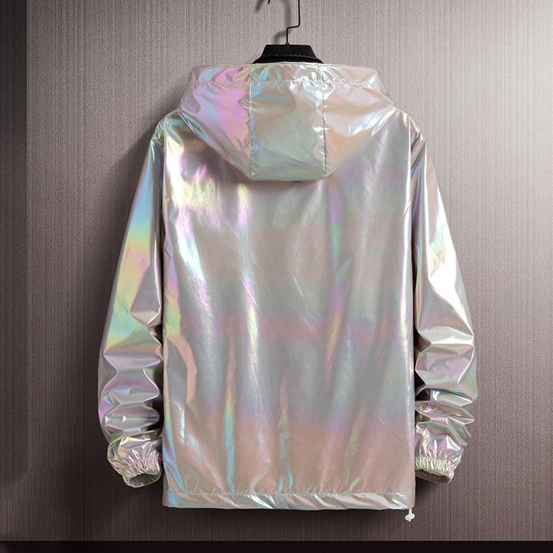 Блестящая куртка унисекс, пальто с лазерным капюшоном, переливающийся голографический топ Harajuku с защитой от солнца, большие размеры