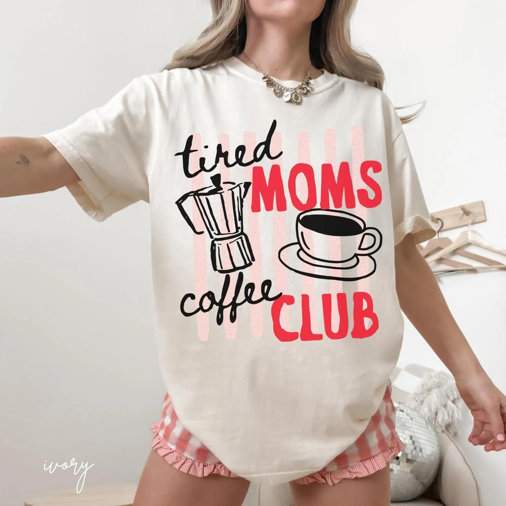 Plus Size Summer Womens Tired Moms Coffee Club TShirt Cotton Breathable Stylish Versatile Street Style Oversized