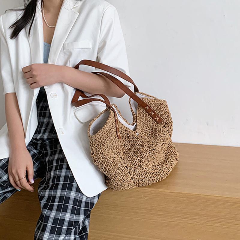 Summer Straw Bucket Shoulder Bag Women Large Capacity Beach Bags Vacation Rattan Tote Bag
