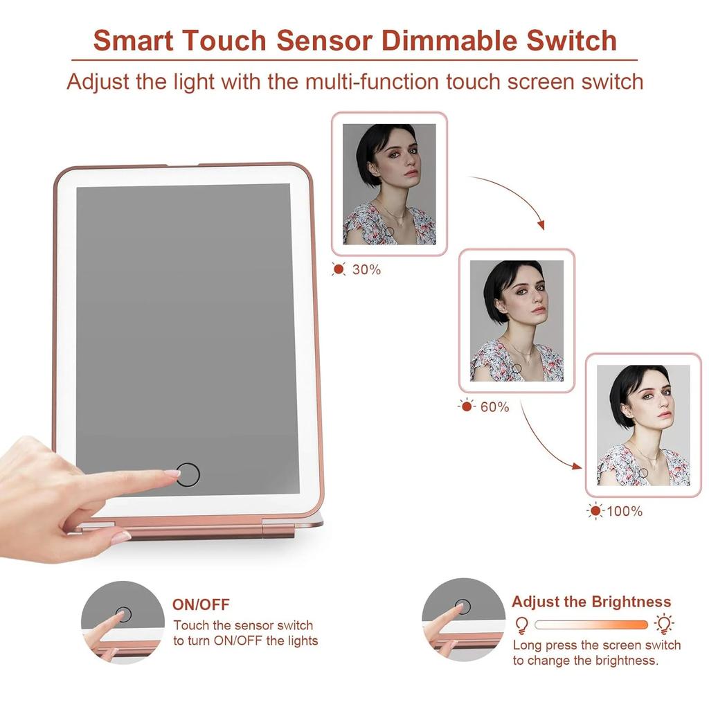 Светодиодное складное дорожное зеркало для макияжа, 3 режима освещения, USB-зарядка, сенсорный экран, портативное настольное косметическое зеркало РОЗОВОГО ЦВЕТА