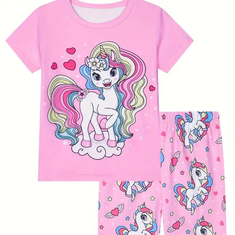 Пижамный комплект из 2 предметов для девочек, детские костюмы с принтом единорога и круглым вырезом, футболка с короткими рукавами, одинаковые шорты, удобная домашняя одежда