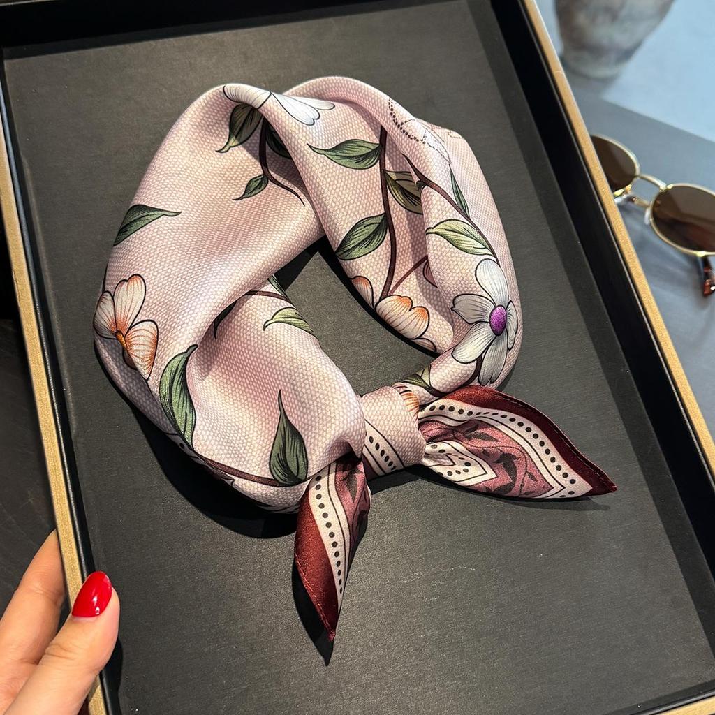TOP 100% Silk Scarf Bright Color Floral Print Scarfs Shawls For Women 53cm Square Scarf Hangzhou Thin Summer Bag ScarfsSca