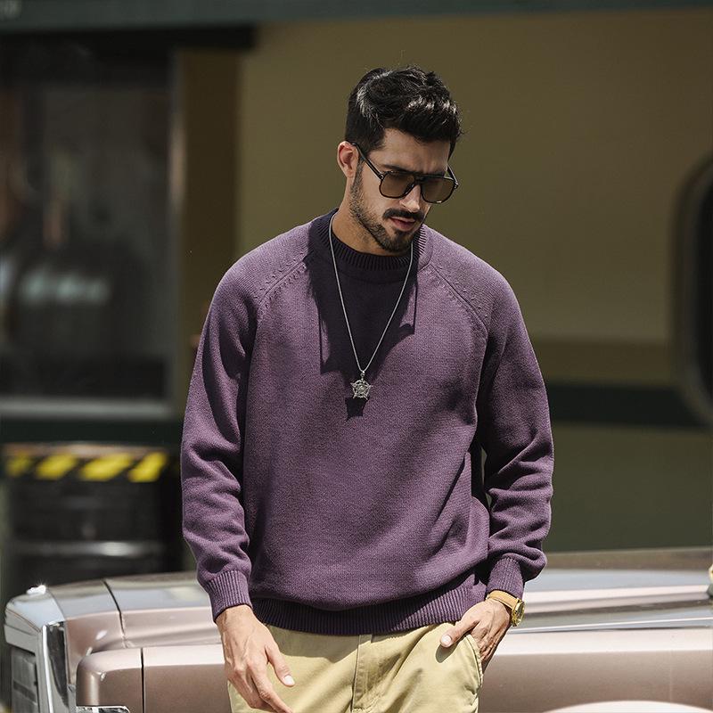 2025 Autumn Men's American Retro Multi-color Raglan Sleeve Round Neck Sweater - Loose Casual Fit