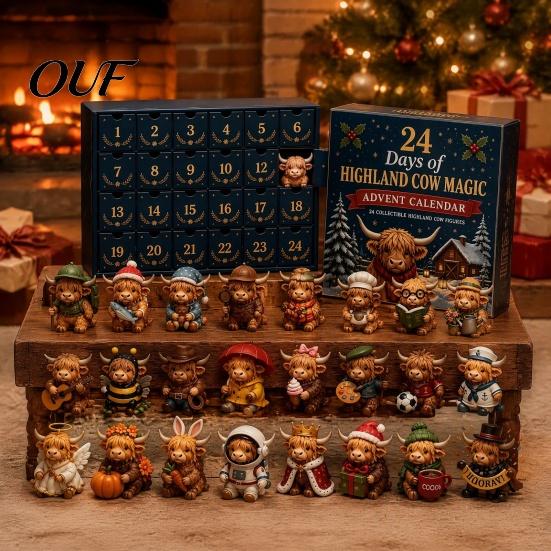 Decorative Highland Cattle Figures 24 Days of Cow Magic Advent Calendar, Unique Mini Winter Home Decor Accessories Figures, Farmhouse Holiday