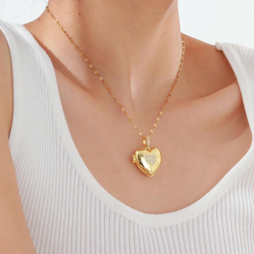 Gold-Tone Women's Copper Heart Locket Necklace with Stainless Steel Chain