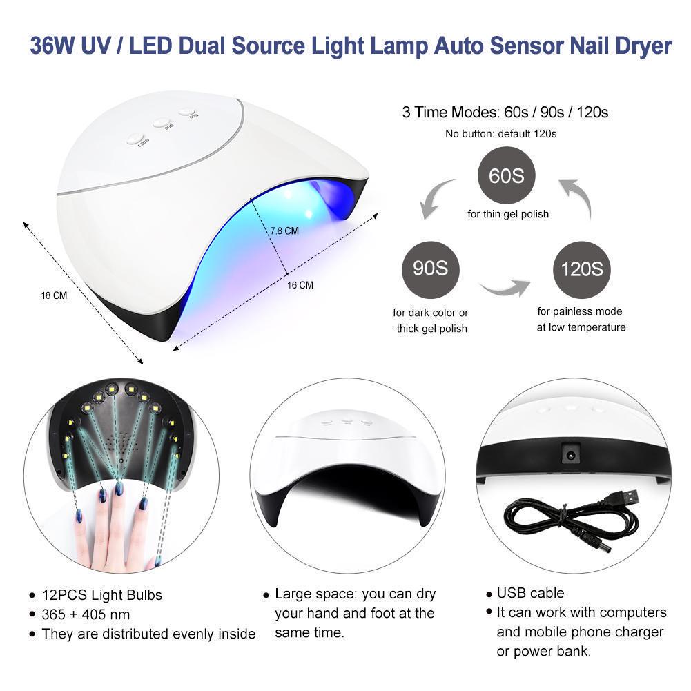 PHOENIXY Gel Nail Polish Starter Kit 36W UV LED Lamp Nail Dryer 30 Colors & Base Top Coat Set Manicure Tools Nail Art Designs Nail Salon