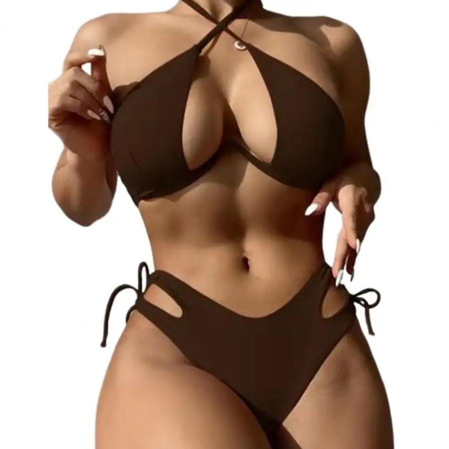 Женский купальник, стильный женский летний комплект бикини с бюстгальтером на шее, трусы с высокой талией и шнуровкой, быстросохнущий купальный костюм для пляжа