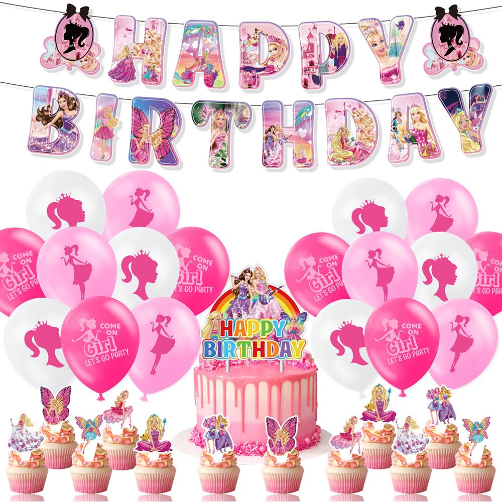 32pcs Pink Girl Party Decorations Include Banner Cake Toppers Latex Balloons