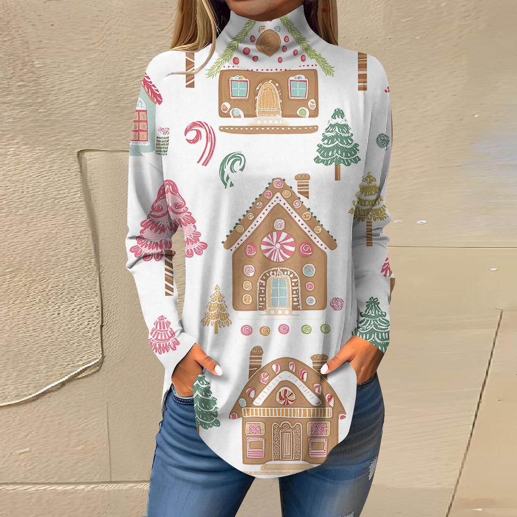 Женская модная повседневная футболка с длинным рукавом с высоким воротом и принтом, пуловер, топ