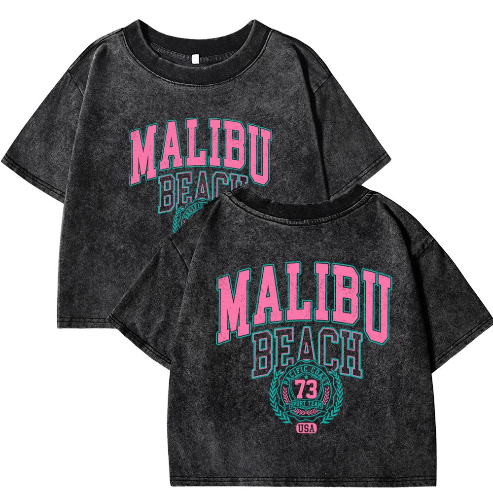 Malibu Beach Printing Womens Washed Slim T Shirt Fashion Cotton T-Shirt Crop Short Sleeve Crewneck Y2K Woman Clothes