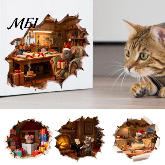 Bathroom Glass Window Stickers Christmas Mouse Wall Sticker, 3D Realistic Cute Illustrations Decal, for Waterproof PVC Decorative Holiday Home