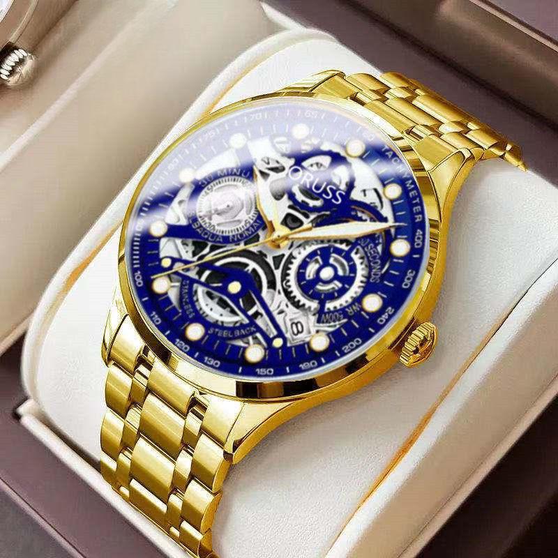 Men's Quartz Watch Male Business Wristwatch Hollow Dial Calendar Luminous Display Steel Band Waterproof Fashion Casual Watches
