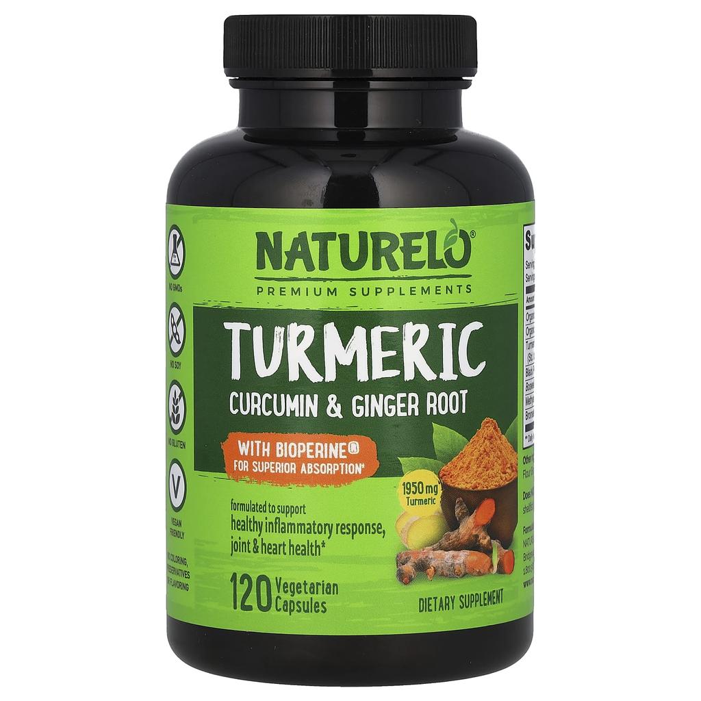 NATURELO With Turmeric Curcumin and Ginger Root, with BioPerine®, 120 Veggie Capsules