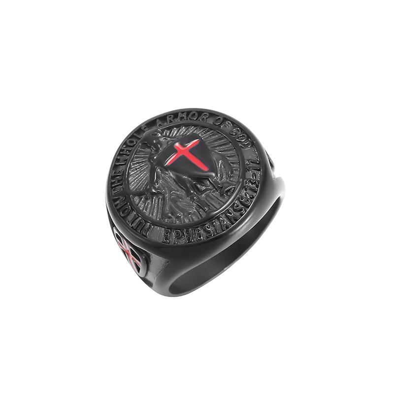 European-American Hip-Hop Men's Gold-Plated Titanium Ring with Vintage Templar Red Cross Shield