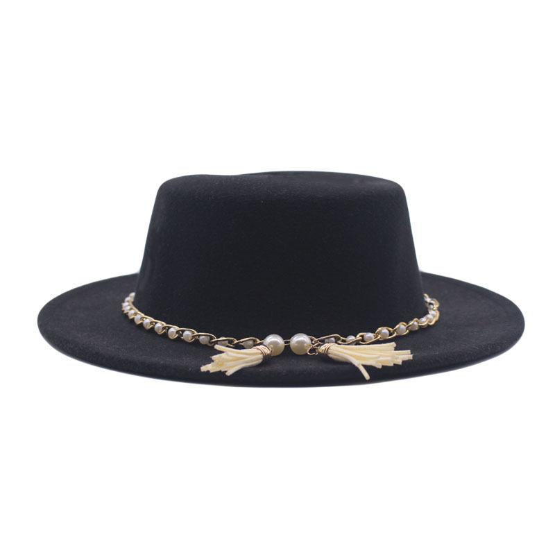European, American and British style retro fringed pearl chain woolen felt hat wide brim top hat flat top lady hat trendy girl