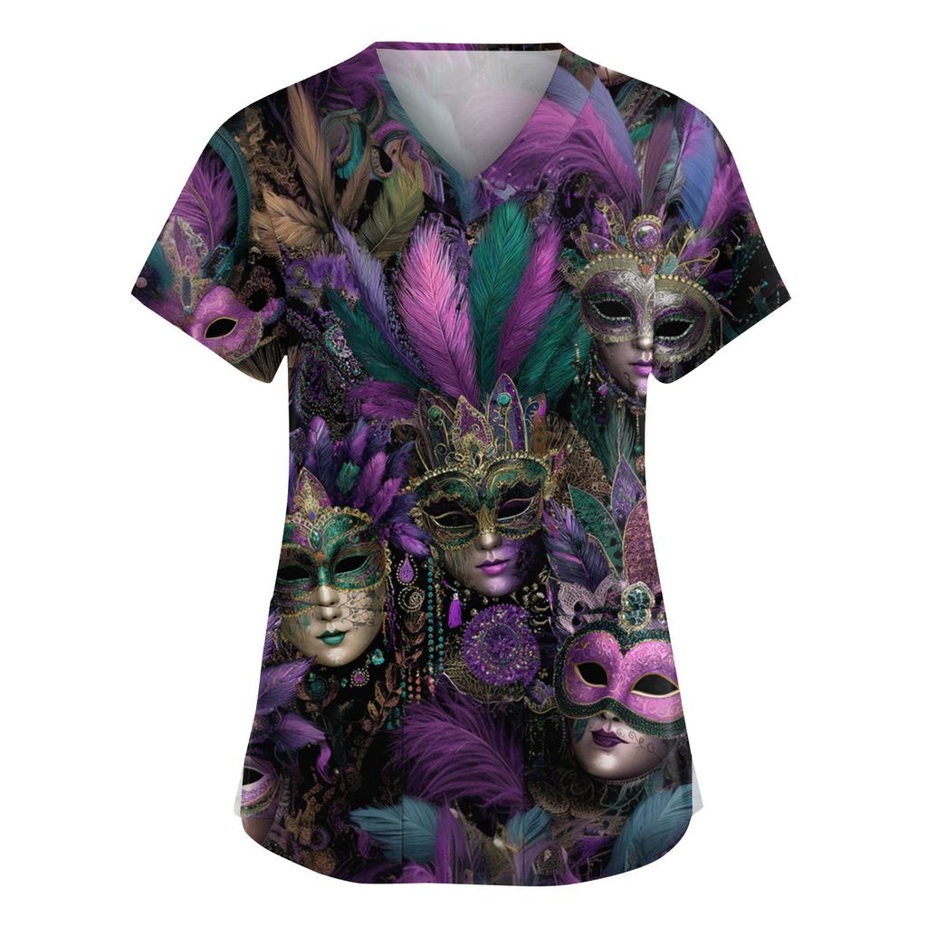 Женская мода V-образный вырез короткий рукав комбинезон с карманами принт топы одежда