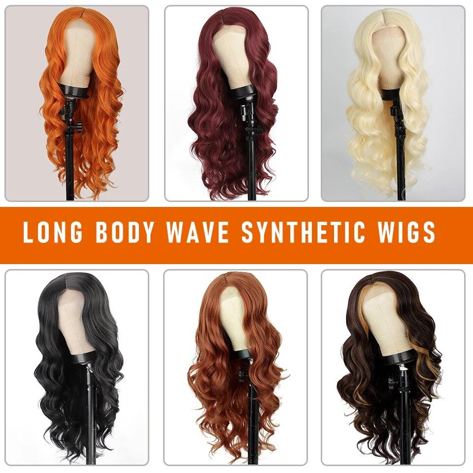 Long Body Wave Ginger Orange Wigs Synthetic Lace Wigs for Women Highlight Black Brown Middle Part Wig Cosplay Hair