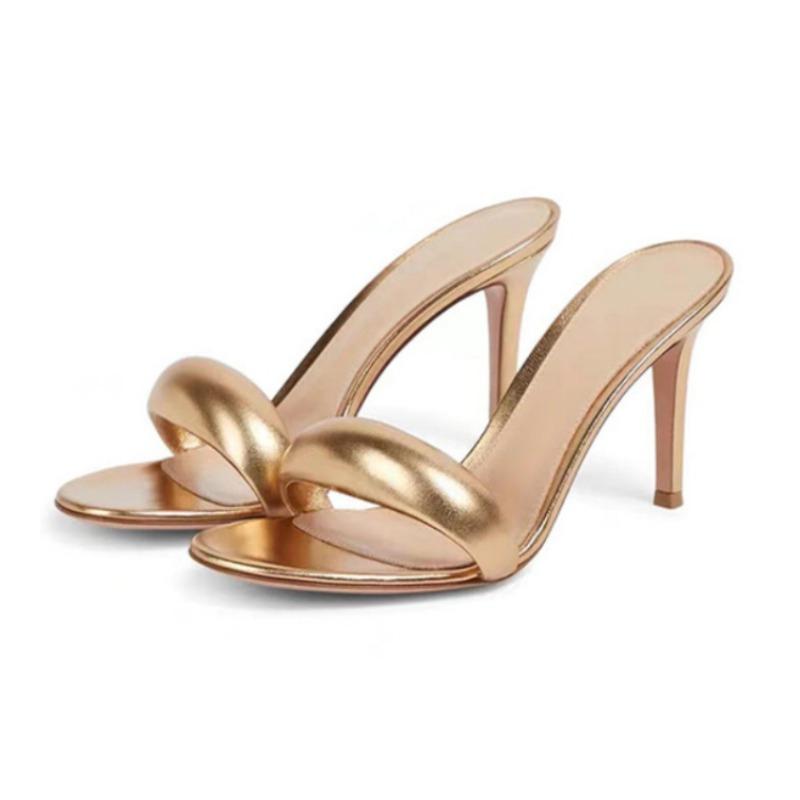 Дизайн модного бренда Простые однотонные женские тапочки 2024 Лето Новые Высокий каблук Черный Золотой Круглый носок Женские сандалии Размер 34-46