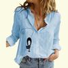 Women Fashion Cotton Linen Blouse Ladies Stand Collar Long Sleeve Top Casual Print Buttoned Shirt