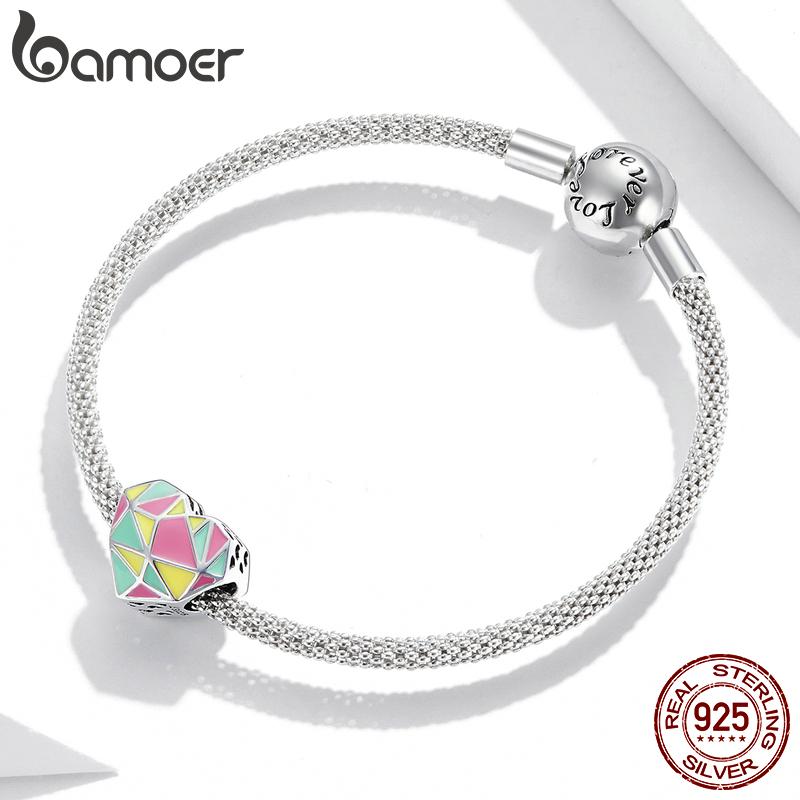 BAMOER из стерлингового серебра 925 пробы, красочные геометрические узоры, очаровательные бусины в форме сердца в форме сердца для оригинальных браслетов и ожерелья диаметром 3 мм
