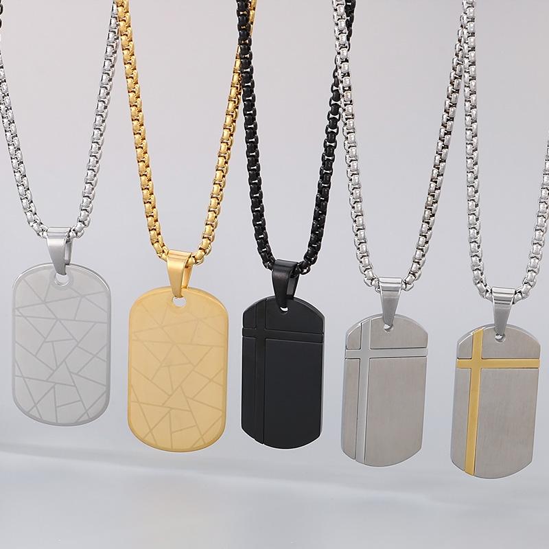 Punk Stainless Steel Square Pendant Necklace for Men Simple Stone Pattern Dog Tag Accessories Personalized Trendy Jewelry