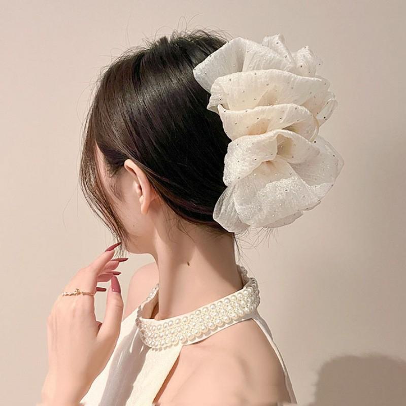 Large Summer Lace Edge Bow Claw Clip Hair Accessory for Women - Multi-Layer Feather Design