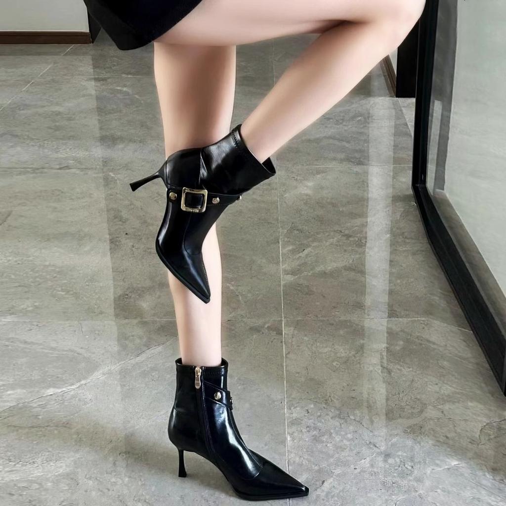 Темпераментные туфли-лодочки на высоком каблуке, короткие ботинки, женские, осенние, новые, с острым носком, с ремешком и пряжкой, с заклепками, для индивидуальности, на тонком каблуке, облегающие ботинки из кожи