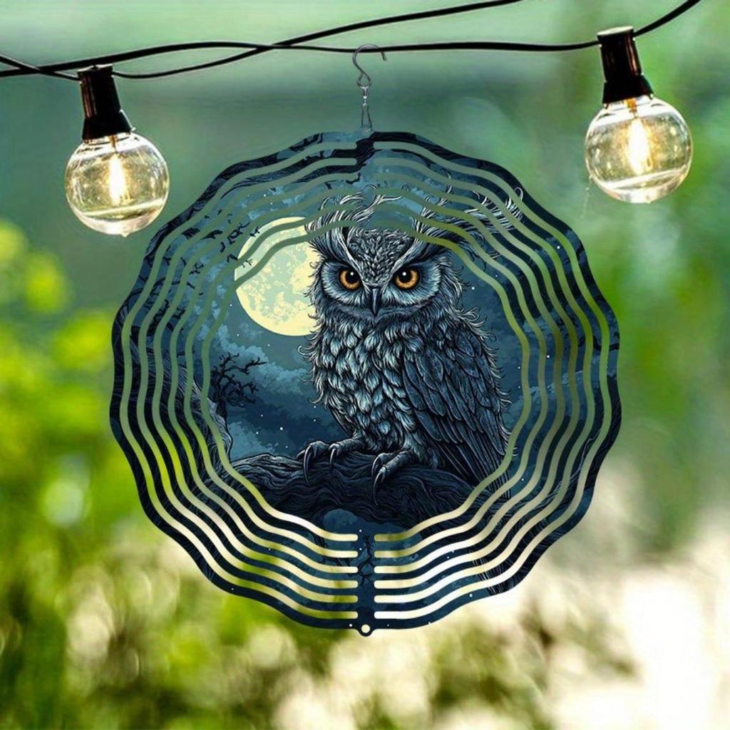Enchanting Owl on Branch 2D Metal Wind Spinner for Garden Patio Decor Rotating Outdoor Art with 360 Hook Durable Reflective Thanksgiving