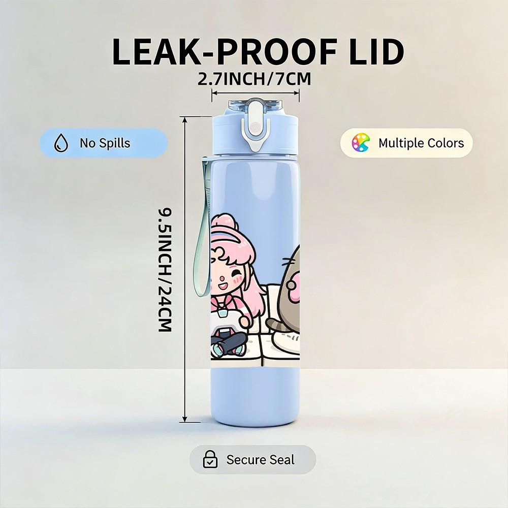 1PC Chubby Cat Girl Cartoon 750ml Color Plastic Sports Water Bottle Leakproof Flip Straw Lid Suitable for Sports Office Home Use
