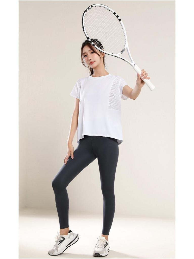 Женская универсальная утягивающая сетчатая футболка для йоги: Свободный, Повседневный, Летний фитнес-топ с коротким рукавом