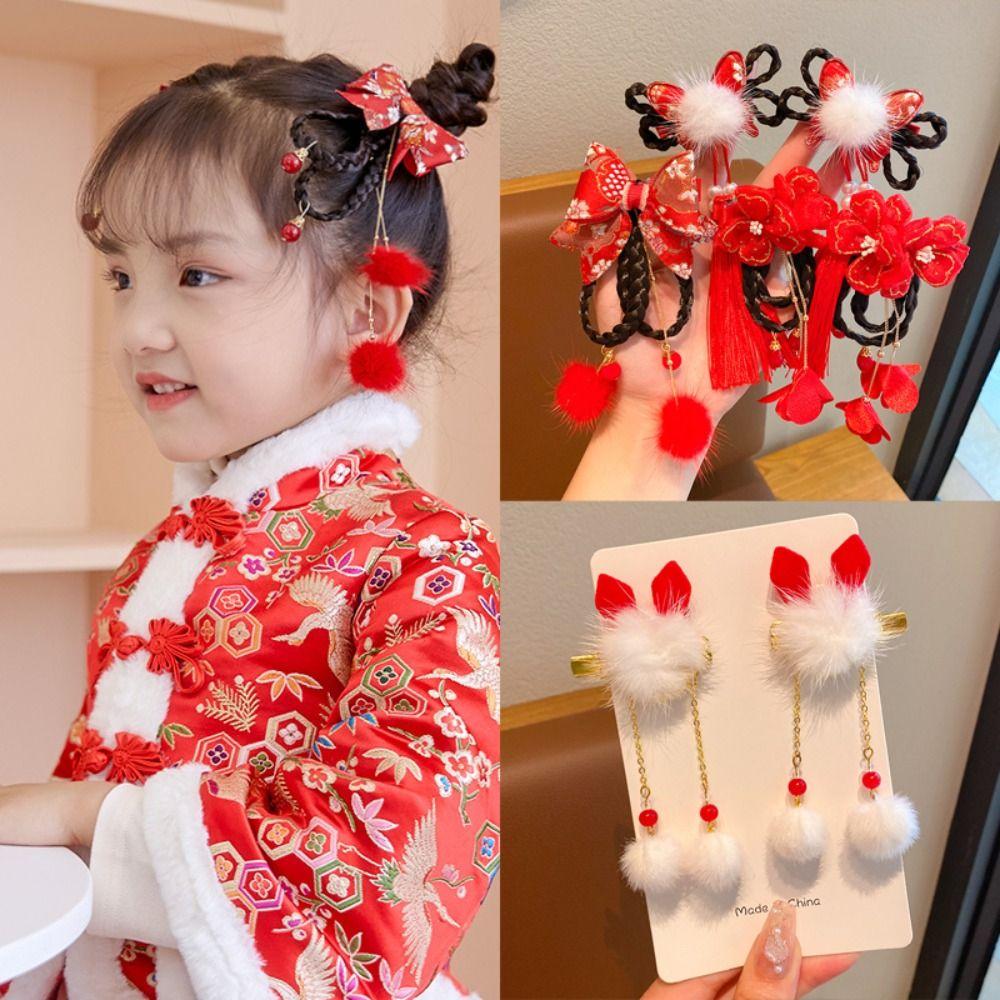 Tassel Chinese New Year Headwear Braid Hair Hanfu Hair Sticks Sweet Red Bow Hairpin  Baby