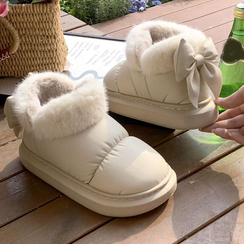 Зимние хлопковые тапочки, симпатичные теплые ботильоны, женские теплые плюшевые хлопковые туфли с бантом, водонепроницаемые короткие зимние ботинки из пуха