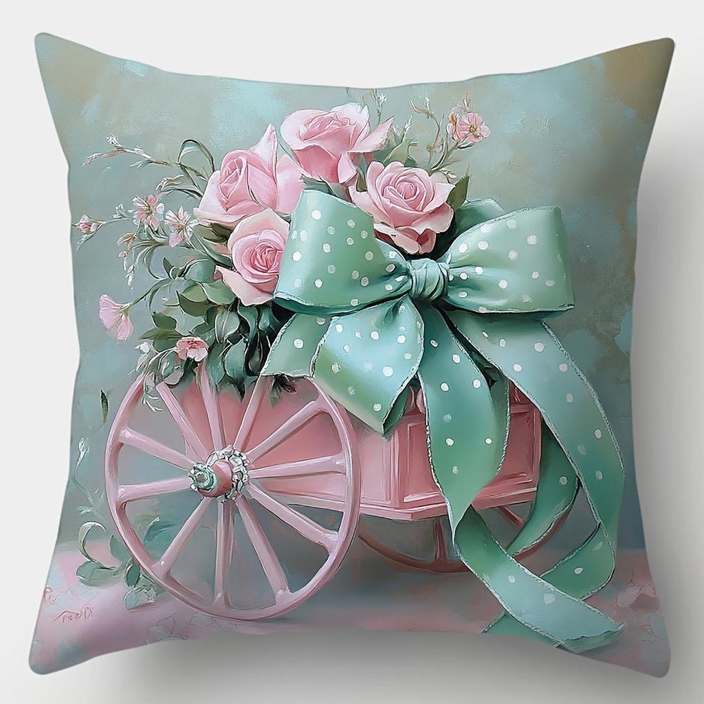 Pink Rose And Polka Dot Bow Pattern Home Decor Pillowcase Living Room Sofa Polyester Cushion Cover With Zipper