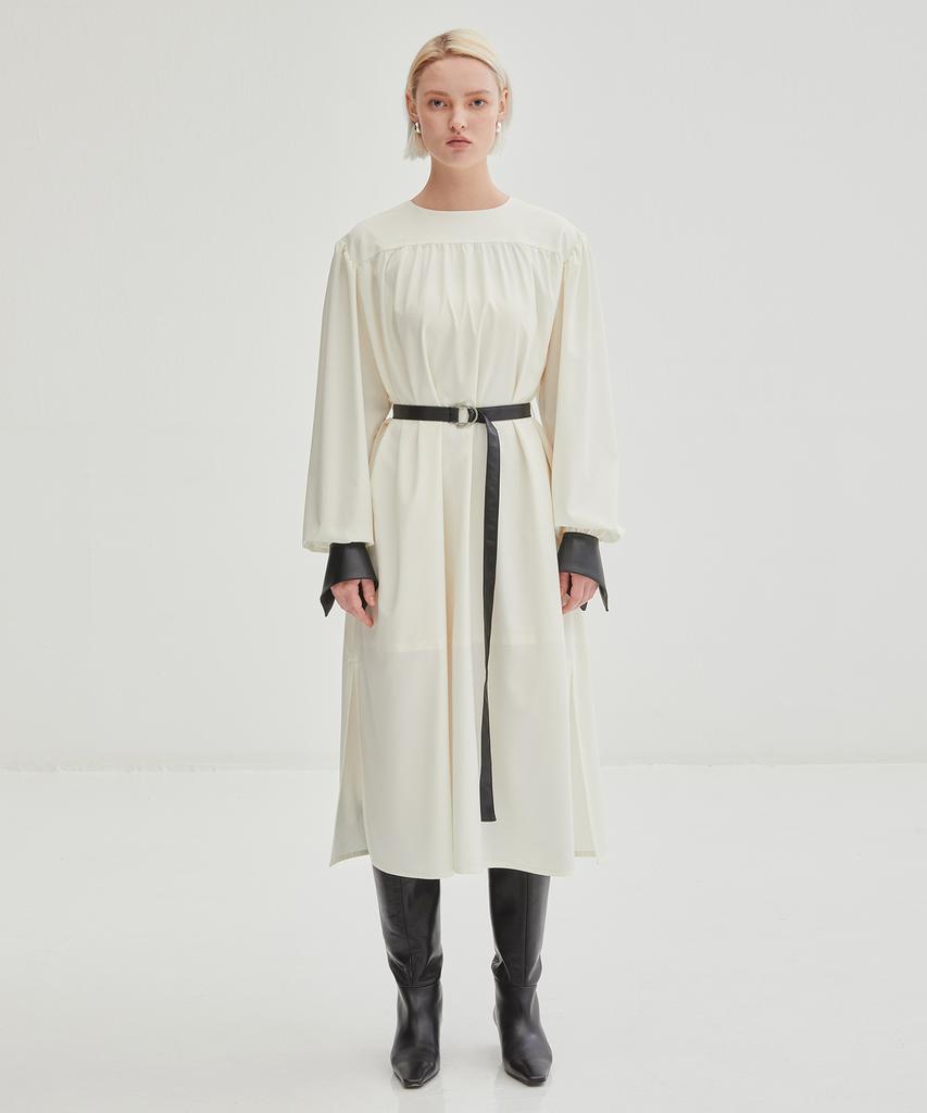 ONNE Cuffs Pointed Shirring Belted Dress - Ivory