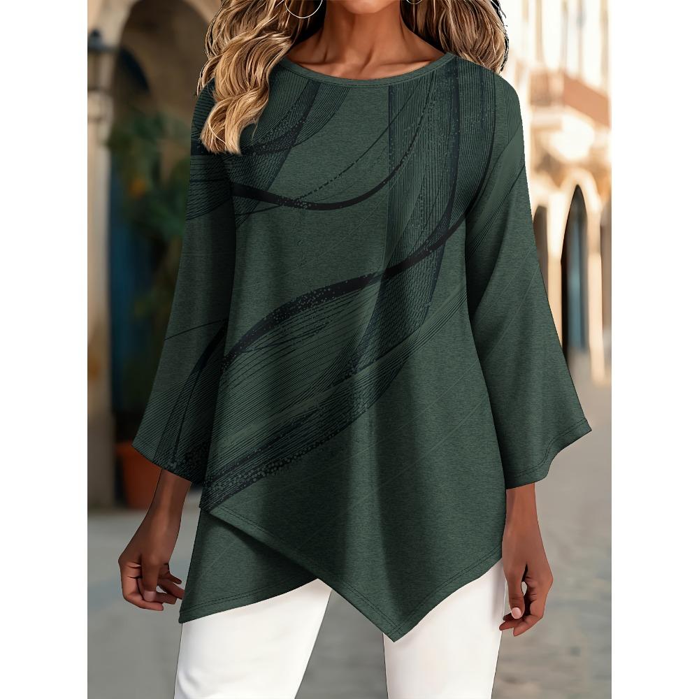 Large size women's clothing comfortable and breathable casual T-shirt, abstract line printing round neck seven