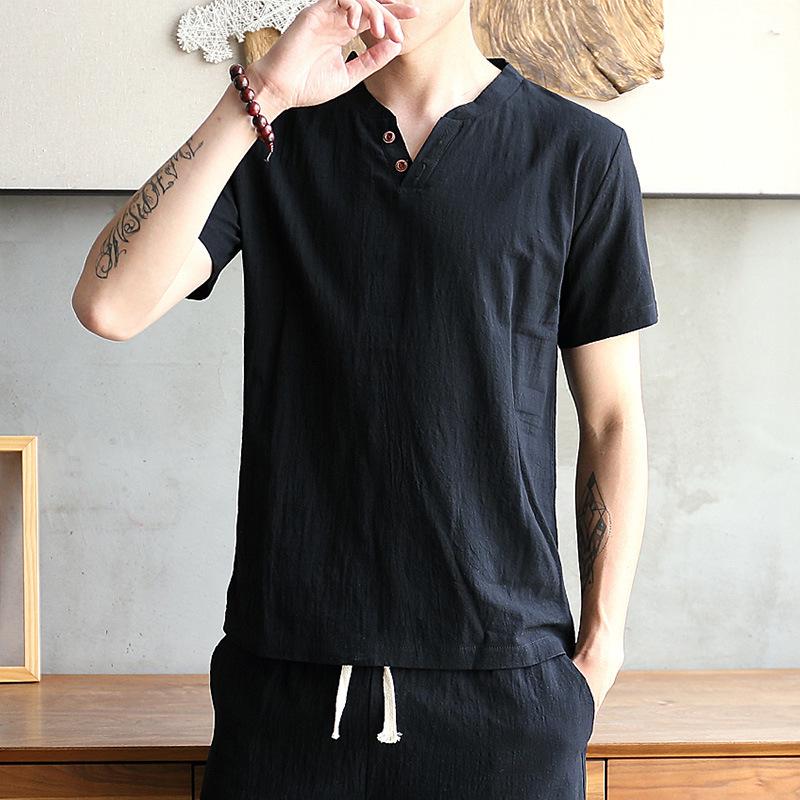 Мужская летняя футболка из льна и шелка Ice Silk с V-образным вырезом - короткий рукав, однотонный повседневный топ в китайском стиле Hanfu