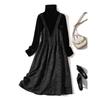 Elegant Used To Skirt! French Style Buckle Single Fake Two-Piece Turtleneck Flocking Beads A Word Long Sleeve Dress Autumn and Winter