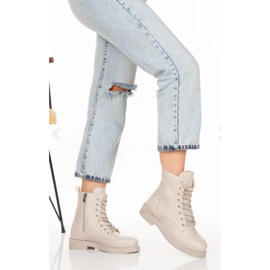 Women's Boots Beige Zippered Lace-Up Non-Slip Sole Boots